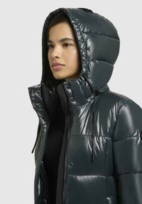 Tumši zaļas krāsas pufaina jaka, izgatavota no spīdīga materiāla; tai ir kapuce, rāvējslēdzēja aizdare un elastīgi akcenti. Pārstrādāta dizaina ar redzamām šuvēm.