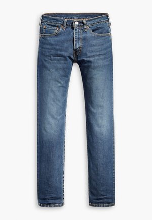 Blauwe denim jeans met een recht model, klassieke vijf-pocket stijl, subtiele vervaging en stiksels langs de naden.