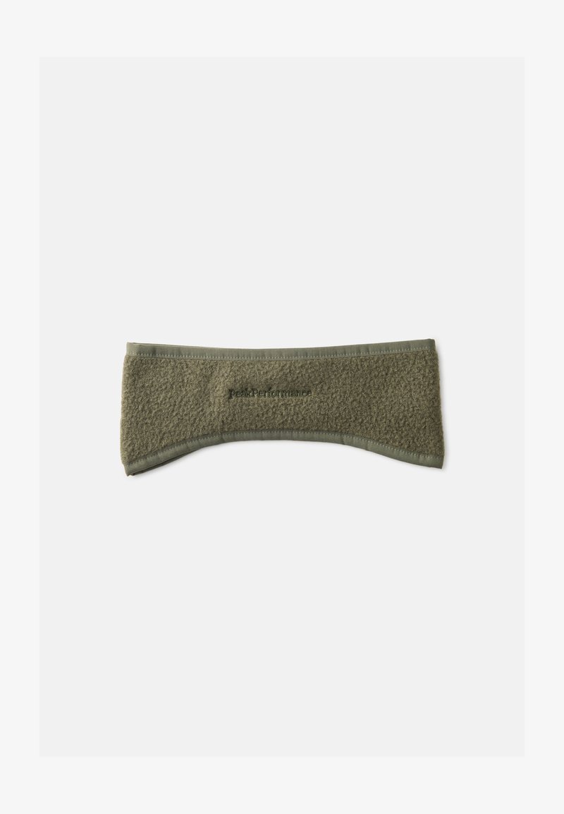 Bandeau en polaire verte avec une texture lisse et des finitions contrastantes. Présente un logo brodé sur le devant. Forme courbée pour plus de confort.