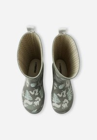 Bottes de pluie en caoutchouc gris avec un motif d'animaux et de fougères bleu clair, dotées d'un intérieur texturé et structuré et d'une languette à l'arrière.