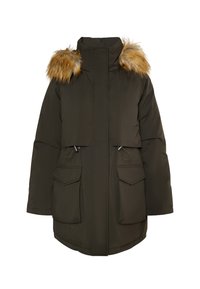Oliven grøn parka med hætte af kunstpels, lynlås foran og to skrå lommer. Har en boksformet silhuet og justerbar snoretræk i taljen.