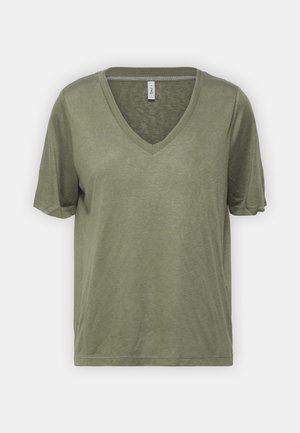 Olive green V-neck t-shirt made of soft fabric, featuring short sleeves and a relaxed fit with a simple, smooth texture.
