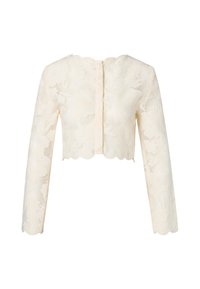 Hosszú ujjú, rövidített krémszínű dzseki, virágos hímzett mintával, hullámos szegélyekkel és hátul gombolható zárral.