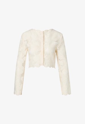 Krátka krémová bunda s dlhými rukávmi, zdobená kvetinovou výšivkou, s oblými okrajmi a zapínaním na gombíky vzadu.