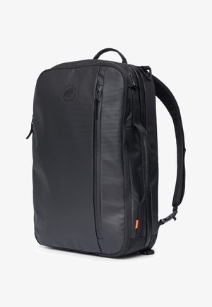 Black rectangular backpack with padded straps, multiple zippered compartments, and a subtle embossed logo on front panel.