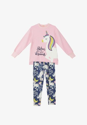 Lyserød langærmet sweat shirt med et enhjørning grafik og teksten "Tro på dine drømme". Bukserne har et marineblåt mønster med enhjørninger og måner.