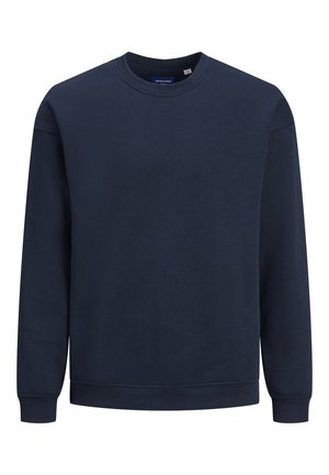 Marineblauwe crewneck trui met lange mouwen, geribbelde manchetten en zoom, eenvoudig ontwerp met zichtbaar merklabel aan de binnenkant van de kraag.