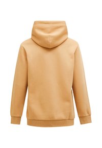Hoodie in lichtbeige, met een gladde textuur, geribbelde manchetten en een ronde zoom. Het ontwerp is eenvoudig zonder zichtbare graphics.