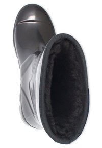 Glanzende grijze rubberen laars met zwarte fleecevoering, een ronde neus en een gestructureerde zool. De opening is afgewerkt met zwarte stof.