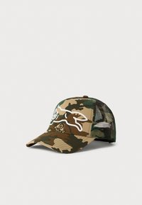 Camouflage-patterned trucker cap with mesh back and white outlined graphic of a leaping rabbit on front panel.