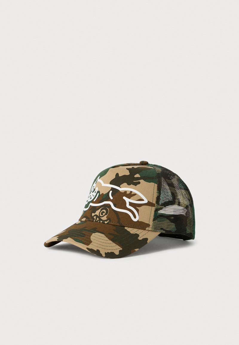 Camouflage-patterned trucker cap with mesh back and white outlined graphic of a leaping rabbit on front panel.
