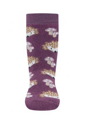 Purple knee-high sock featuring a pattern of cream and brown hedgehogs with textured knit. Includes ribbed cuff for a secure fit.