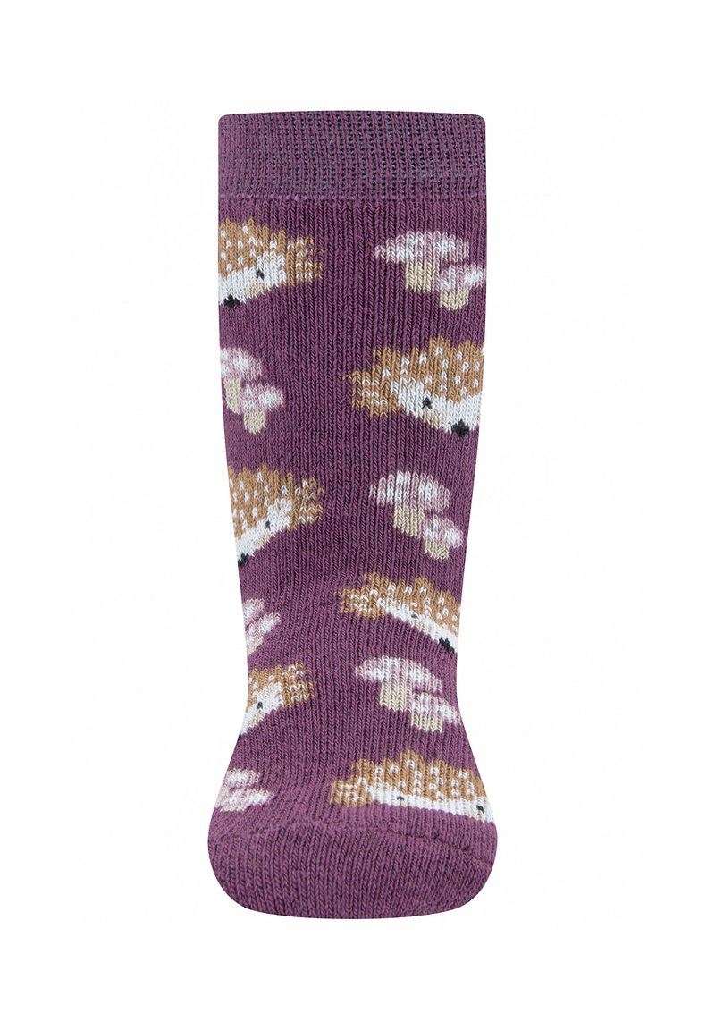 Lila kniehohe Socke mit einem Muster aus cremefarbenen und braunen Igeln sowie strukturiertem Strick. Enthält ein geripptes Bündchen für einen sicheren Sitz.