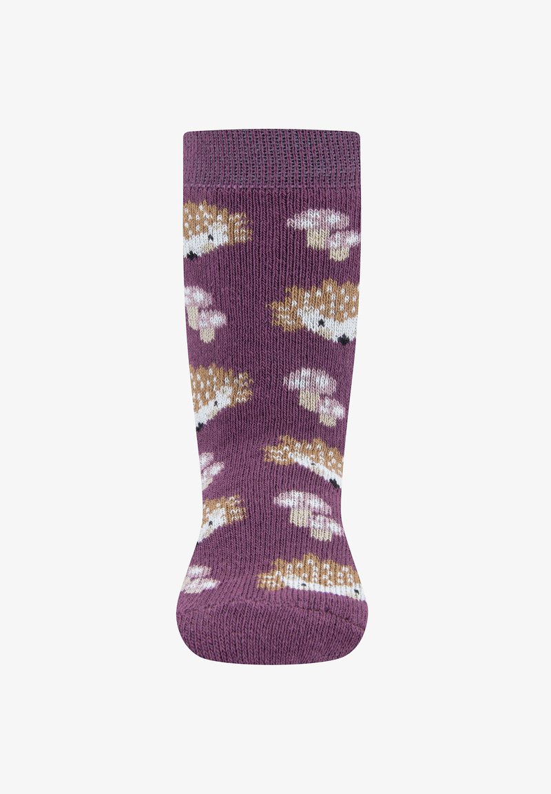 Lila kniehohe Socke mit einem Muster aus cremefarbenen und braunen Igeln sowie strukturiertem Strick. Enthält ein geripptes Bündchen für einen sicheren Sitz.