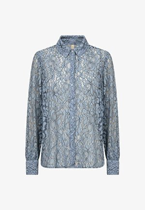 Lace blouse in lichtblauw met bloemenpatroon, knoopsluiting aan de voorkant en een klassieke kraag. Lange mouwen met knoopmanchetten. Doorzichtige textuur.