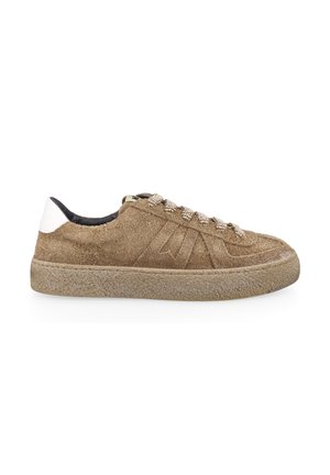 Brown suede sneaker with patterned laces, thick textured sole, and white heel tab shown from the side on a white background.