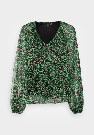 Groene doorschijnende blouse met lange mouwen, zwart-roze bloemmotief, V-hals en elastische manchetten.