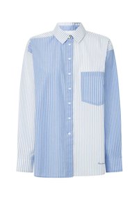 Blauw-wit gestreept overhemd met lange mouwen, een button-down kraag en een borstzak; gemaakt van katoen; met strepen van verschillende breedtes.