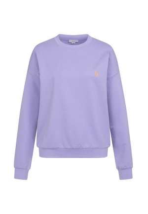 Lila langärmiges Sweatshirt mit Rundhalsausschnitt, gerippten Bündchen und Saum, mit einem kleinen Pfirsich-Logo auf der linken Brust, das gestickt ist.