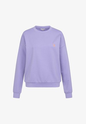 Lilac long-sleeve crewneck sweatshirt with ribbed cuffs and hem, featuring a small peach embroidered logo on the left chest.