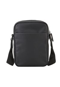 Borsa a tracolla nera con finitura testurizzata, forma rettangolare, tracolla regolabile, tasca con zip frontale e dettagli di cucitura discreti.