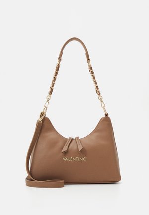 Brown leather handbag with a smooth texture, zip closure, gold hardware accents, and a chain and strap handle. "Valentino" logo displayed prominently.