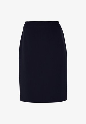 Granatowa spódnica ołówkowa wykonana z gładkiego materiału, z dopasowanym krojem, długości do kolan oraz ukrytym zapięciem na zamek z tyłu.
