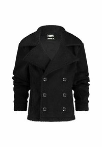 Zwarte fleece jas met een dubbelzijdig ontwerp, grote doorzichtige knopen, brede revers en textuurstof.