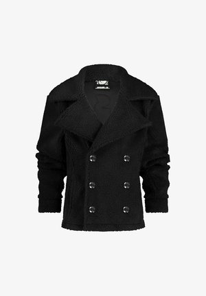 Zwarte fleece jas met een dubbelzijdig ontwerp, grote doorzichtige knopen, brede revers en textuurstof.