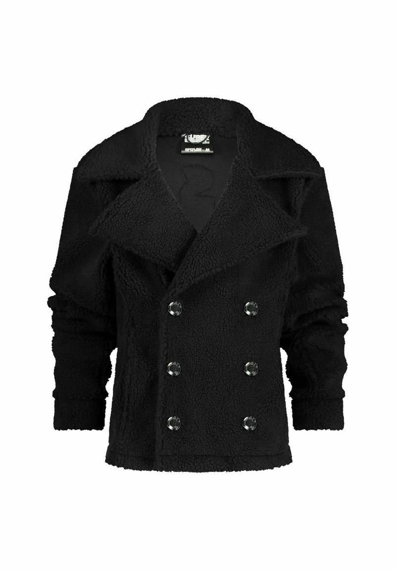 Zwarte fleece jas met een dubbelzijdig ontwerp, grote doorzichtige knopen, brede revers en textuurstof.