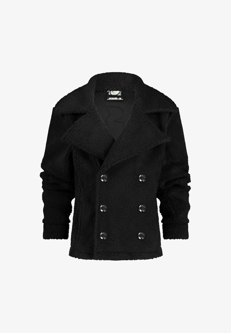 Zwarte fleece jas met een dubbelzijdig ontwerp, grote doorzichtige knopen, brede revers en textuurstof.