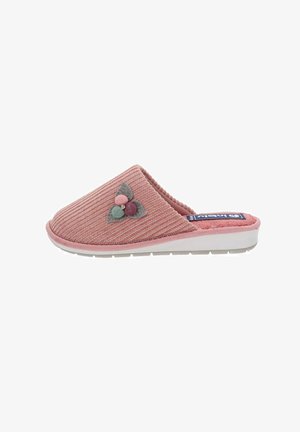 Chausson en velours côtelé rose avec embellissement floral, semelle blanche, dessus texturé et forme arrondie. Design simple et pratique.