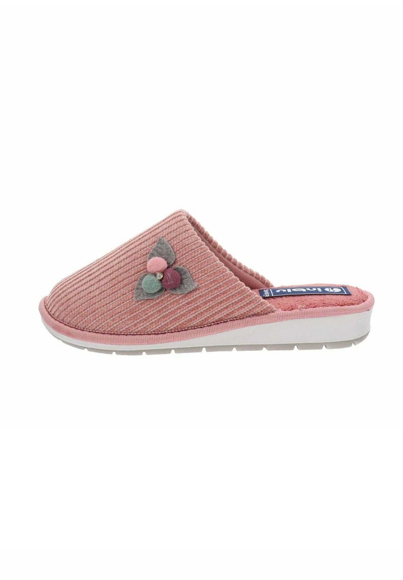 Pantofole slip-on in corduroy rosa con decorazioni floreali, suola bianca, parte superiore testurizzata e forma arrotondata. Design semplice e pratico.