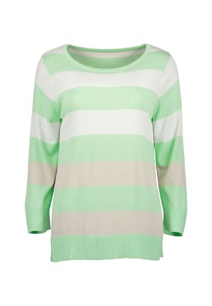 Strickpullover in grün-weißen Horizontalstreifen, mit Dreiviertelärmeln und ribbeltem Saum. Weiche Textur, lässige Passform.