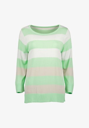 Pull en tricot à rayures horizontales vertes et blanches, avec des manches trois-quarts et un ourlet côtelé. Texture douce, coupe décontractée.
