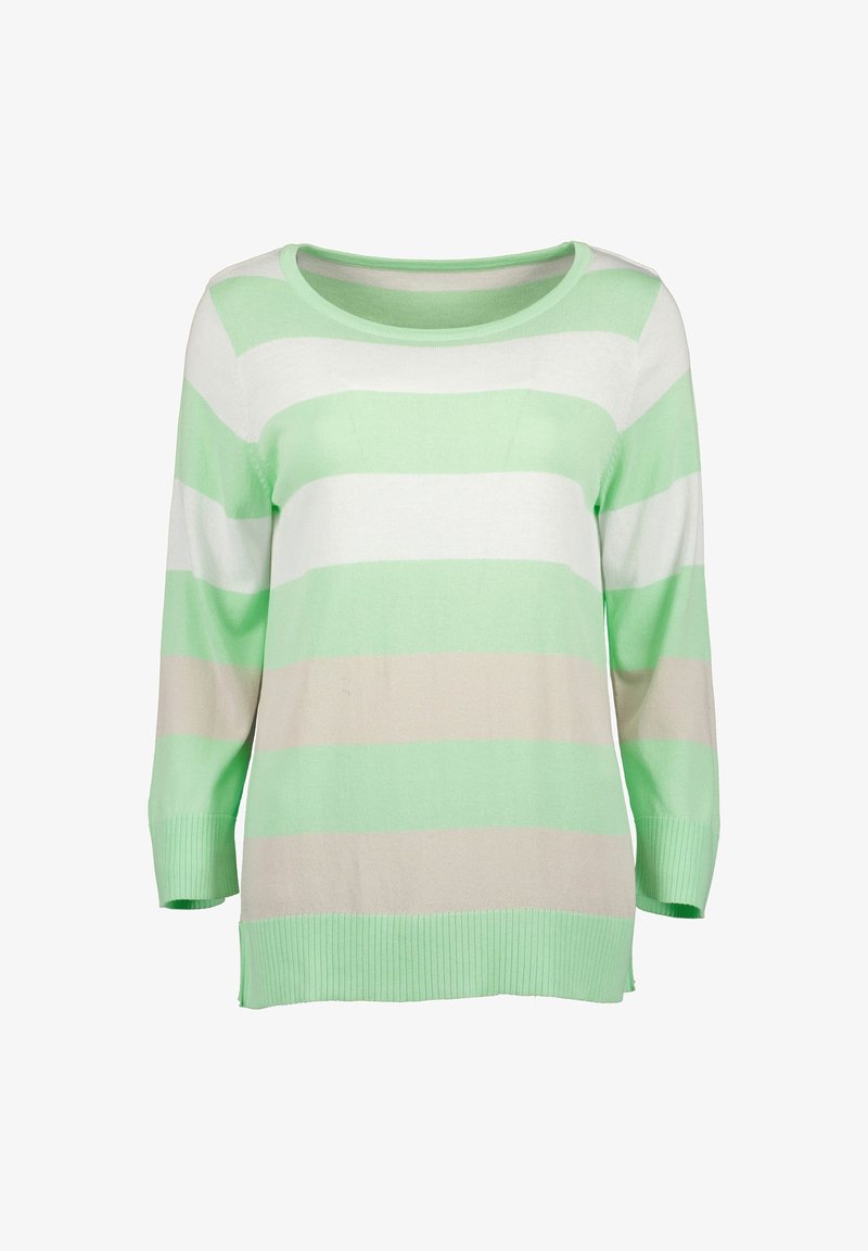 Sweter dzianinowy w zielone i białe poziome paski, z rękawami 3/4 i prążkowanym wykończeniem. Miękka struktura, luźny krój.