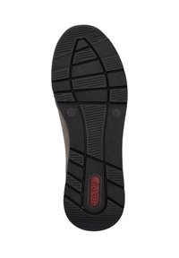 Black rubber shoe sole with textured tread design. Features red Rieker logo. Unembellished, durable appearance, suitable for daily wear.