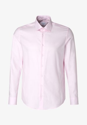 Camicia a maniche lunghe rosa chiaro con bottoni, realizzata in tessuto spesso e liscio. Presenta un colletto classico e bottoni in plastica bianchi lungo la parte anteriore.