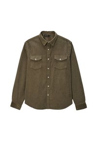 Chemise en velours côtelé vert olive, à manches longues, avec un devant boutonné, un col pointu et deux poches poitrine. Tissu texturé avec des côtes verticales.