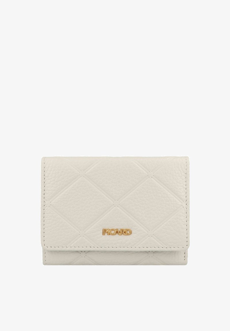 Witte leren portemonnee met een geborduurd ruitpatroon, voorzien van gouden hardware en een merklogo aan de voorkant. Compact en vouwbaar ontwerp.