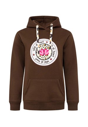 Brauner Hoodie mit einem Leopardenmuster-Graphic und pinken Herzen, mit einer vorderen Tasche und kontrastierenden Kordeln mit einem Muster.