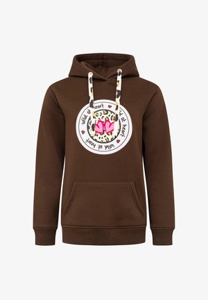 Brauner Hoodie mit einem Leopardenmuster-Graphic und pinken Herzen, mit einer vorderen Tasche und kontrastierenden Kordeln mit einem Muster.