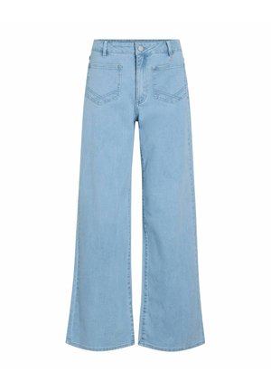 Jean en denim bleu clair à jambes larges avec bouton frontal, fermeture éclair, passants pour ceinture et deux poches avant sur fond blanc.