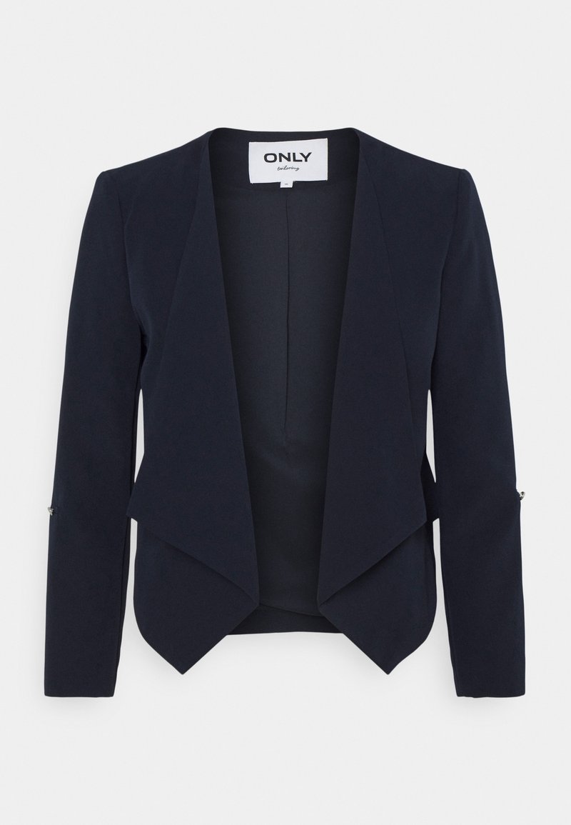 Blazer bleu marine ajusté à ouverture frontale, manches longues et ourlet asymétrique pointu, affiché sur fond blanc.