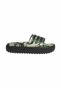 Slide sandal featuring a black and green tropical leaf print, with black striped band across the upper and a textured black sole.