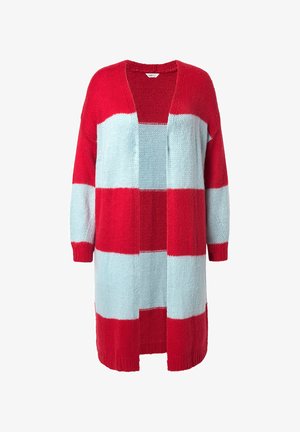 Cardigan lavorato a maglia con audaci righe rosse e azzurre orizzontali, design aperto sul davanti, maniche lunghe e motivo testurizzato su tutta la superficie.