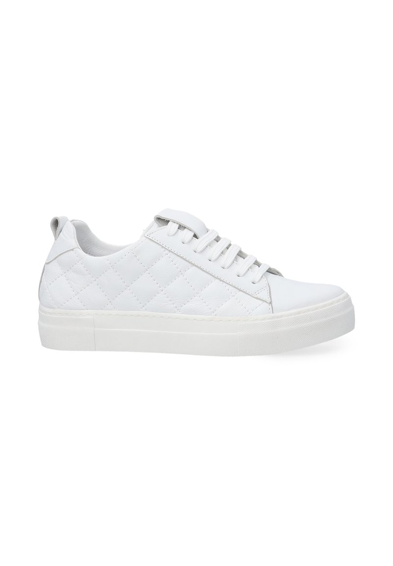 White sneakers with a quilted design, flat laces, and a textured rubber sole. Smooth leather upper with padded collar and tongue.