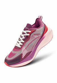 Chaussure de sport violette et rose avec tige en maille, lacets blancs et semelle amortissante texturée. Présente un logo et des accents contrastés.