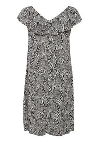 Robe à motifs zébrés noir et blanc avec un col à volants et des manches courtes, présentant une coupe décontractée et un tissu léger.