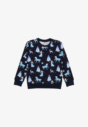 Dunkelblaues Sweatshirt mit einem verspielten Druck von Schlössern, Einhörnern und Figuren in verschiedenen Blautönen. Mit gerippten Bündchen und Saum vollendet.